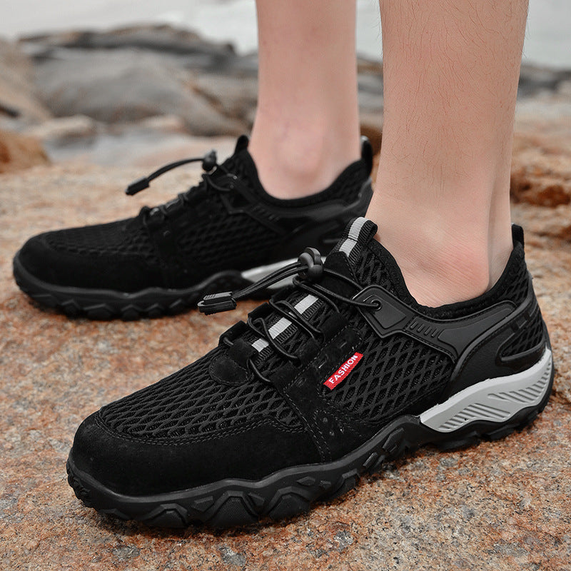 Men's Summer Leather Breathable Outdoor Sports Casual Shoes Non-slip Soft-soled Mesh Surface Hiking Shoes