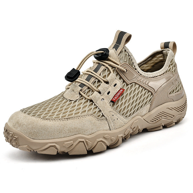 Men's Summer Leather Breathable Outdoor Sports Casual Shoes Non-slip Soft-soled Mesh Surface Hiking Shoes